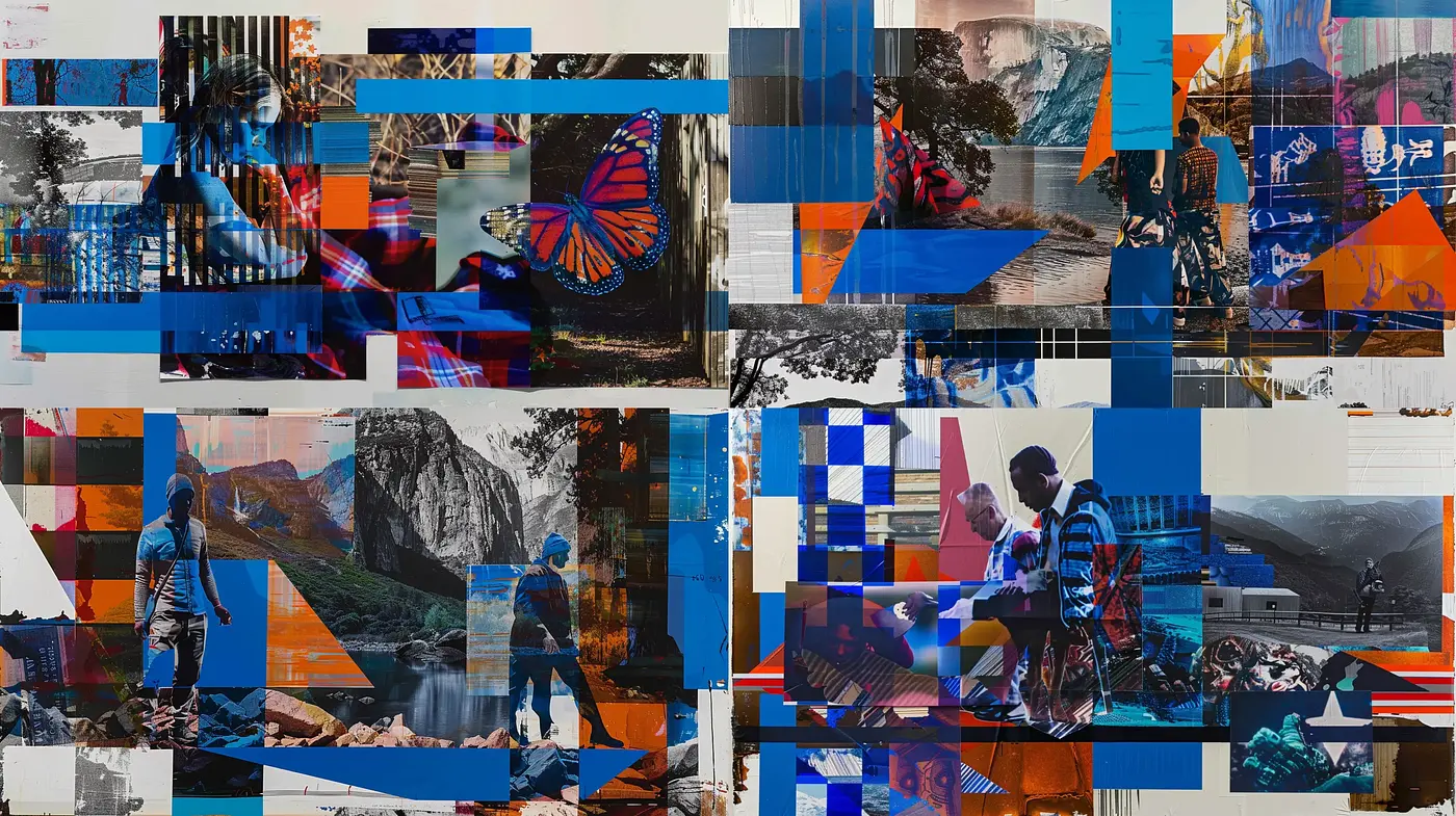 Fragmented Geometric Harmony: A Digital Collage of Life's Vivacity - Midjourney sref style