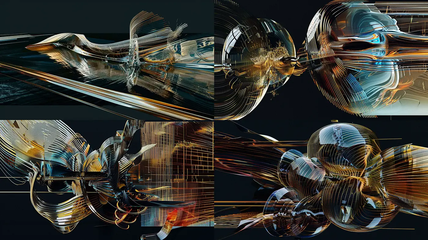 Gleaming Futuristic Abstraction: A Dance of Digital Waves and Synthesized Textures - Midjourney sref style