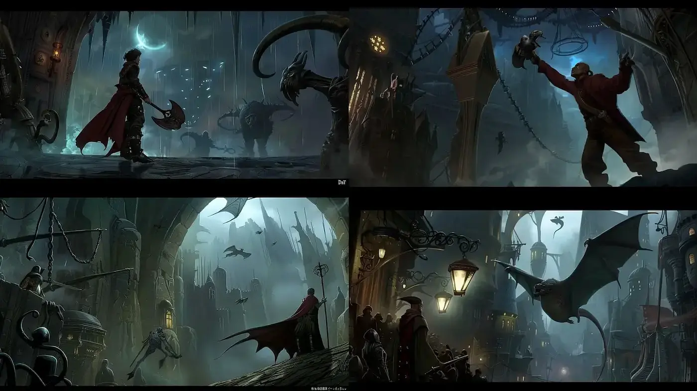 Gothic Fantasy with Dark Urban Elements and Atmospheric Depth - Midjourney sref style
