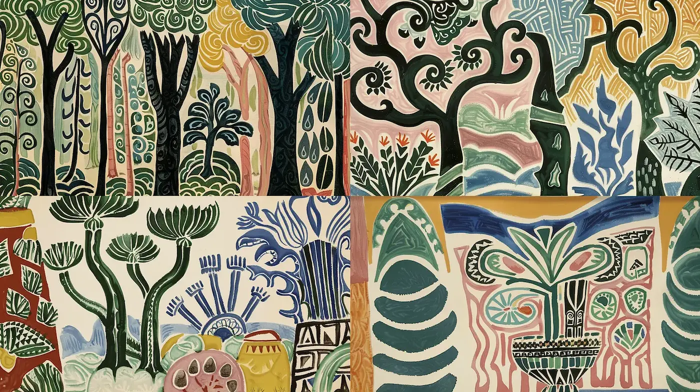 Colorful and abstract nature-inspired compositions with a playful, artistic touch - Midjourney sref style