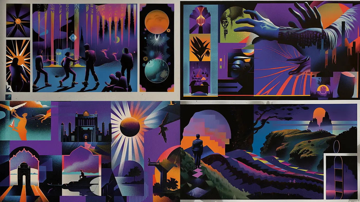 Ethereal Twilight: A Synthesis of Vibrant Retro-Futurism and Surreal Landscapes - Midjourney sref style