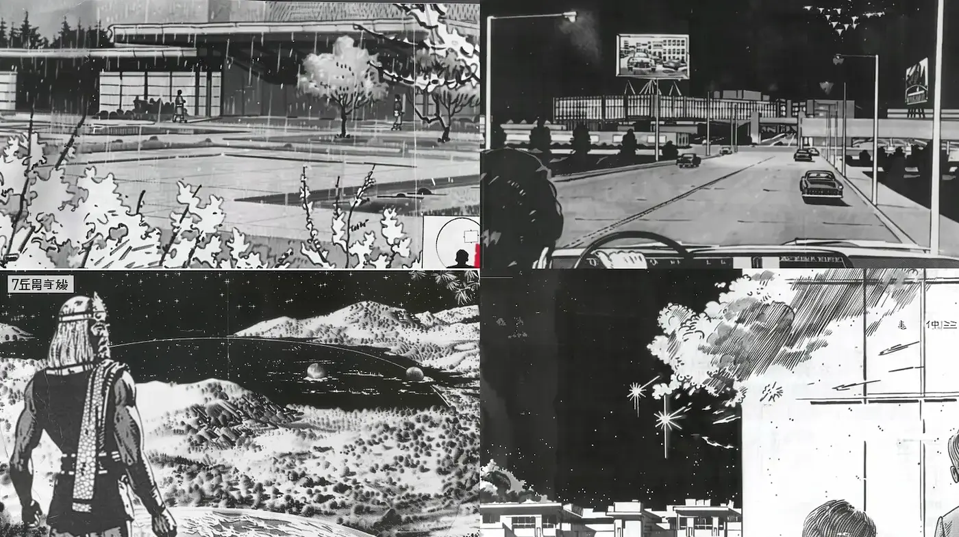 Dynamic urban and natural landscapes in graphic monochrome - Midjourney sref style