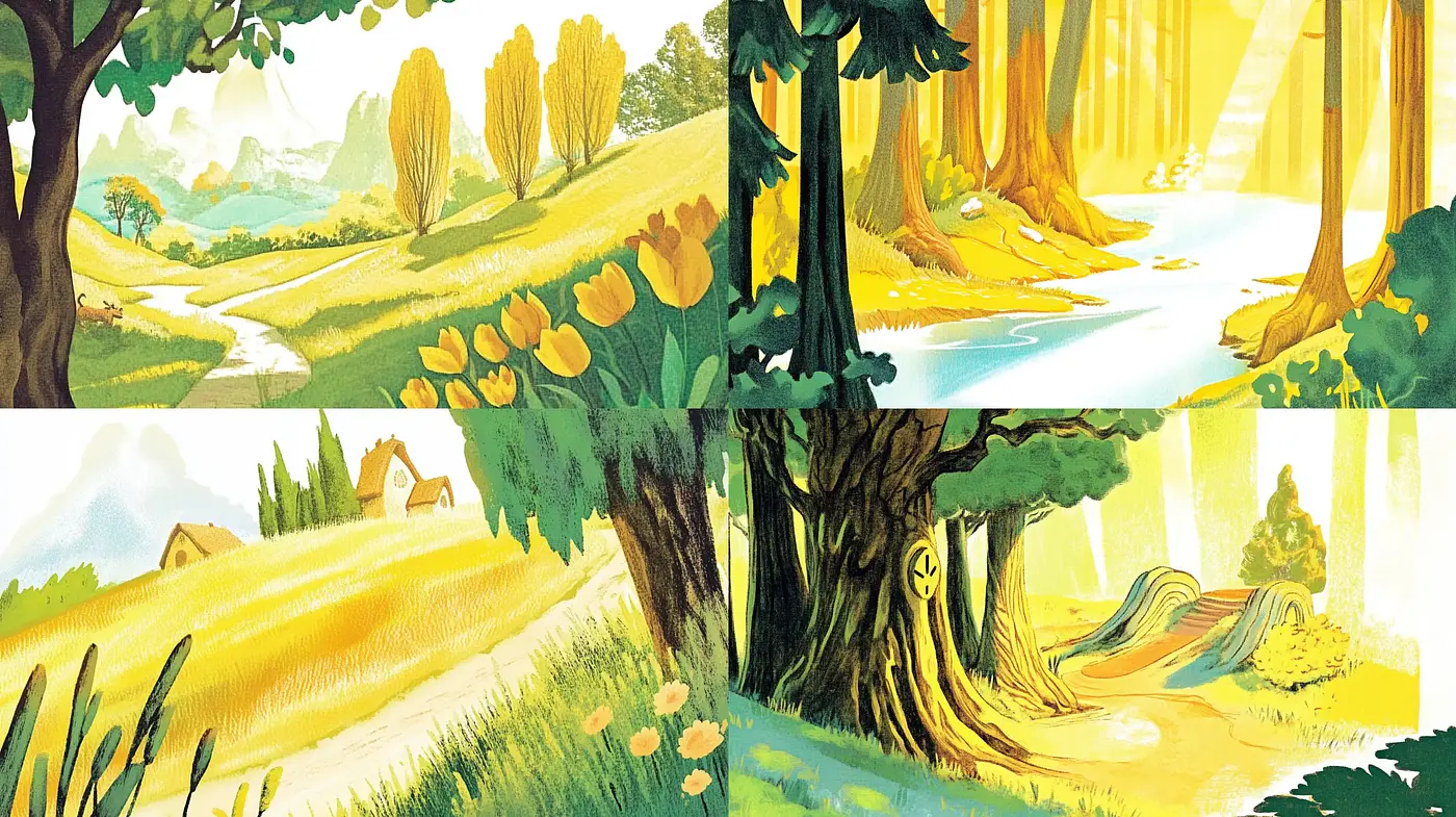 Sunlit Pastoral Dreamscape: A Homage to Golden Age Animation - Midjourney sref style