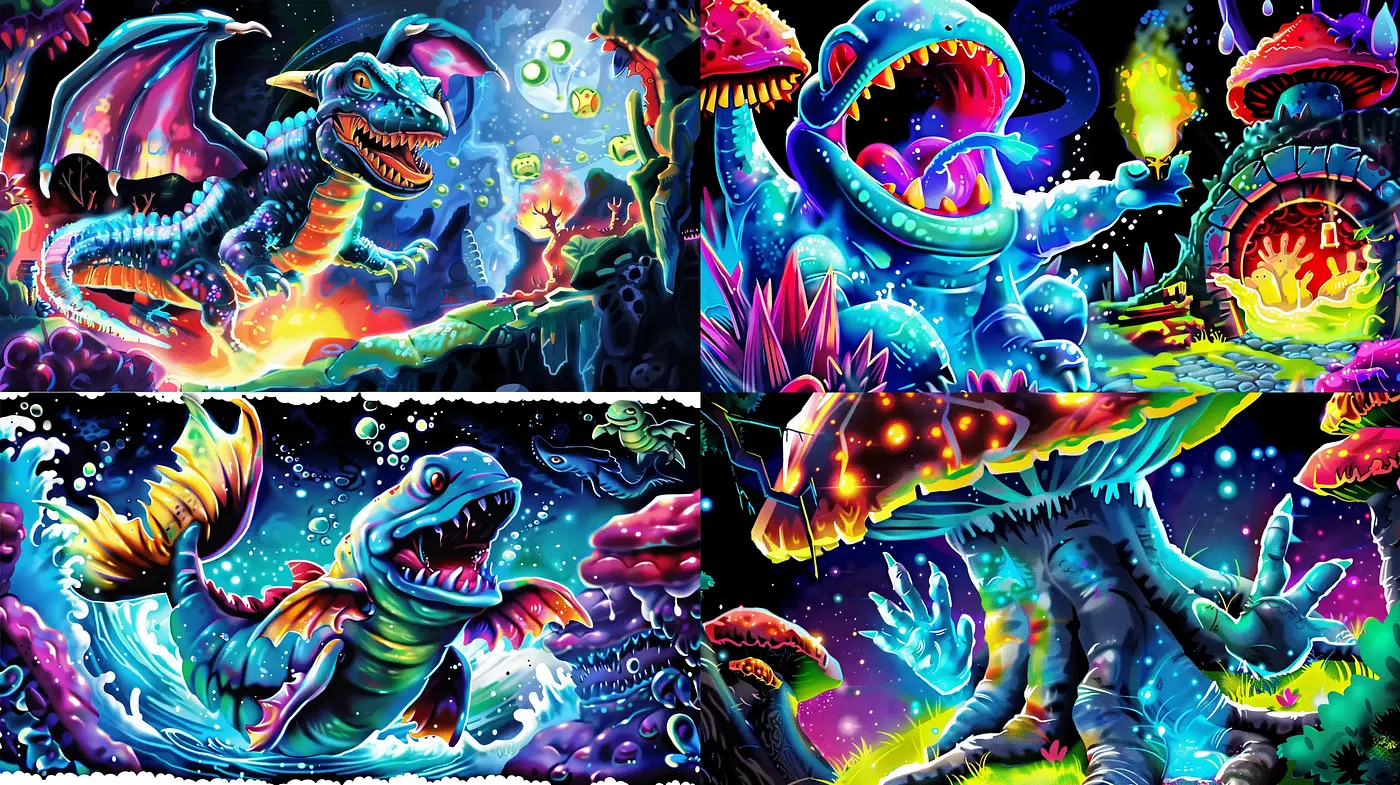 Luminous Mythological Beasts in Surreal Cosmic Dreamscape - Midjourney sref style