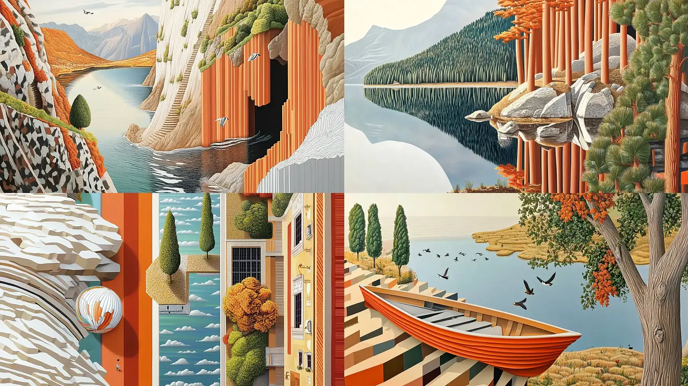 Serene Vistas of Stylized Geometric Nature - Midjourney sref style