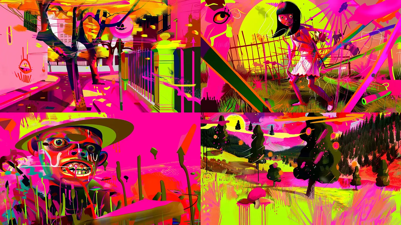Vibrant Dreamscape Fusion: A Mélange of Vivid Textures and Surrealist Influences - Midjourney sref style