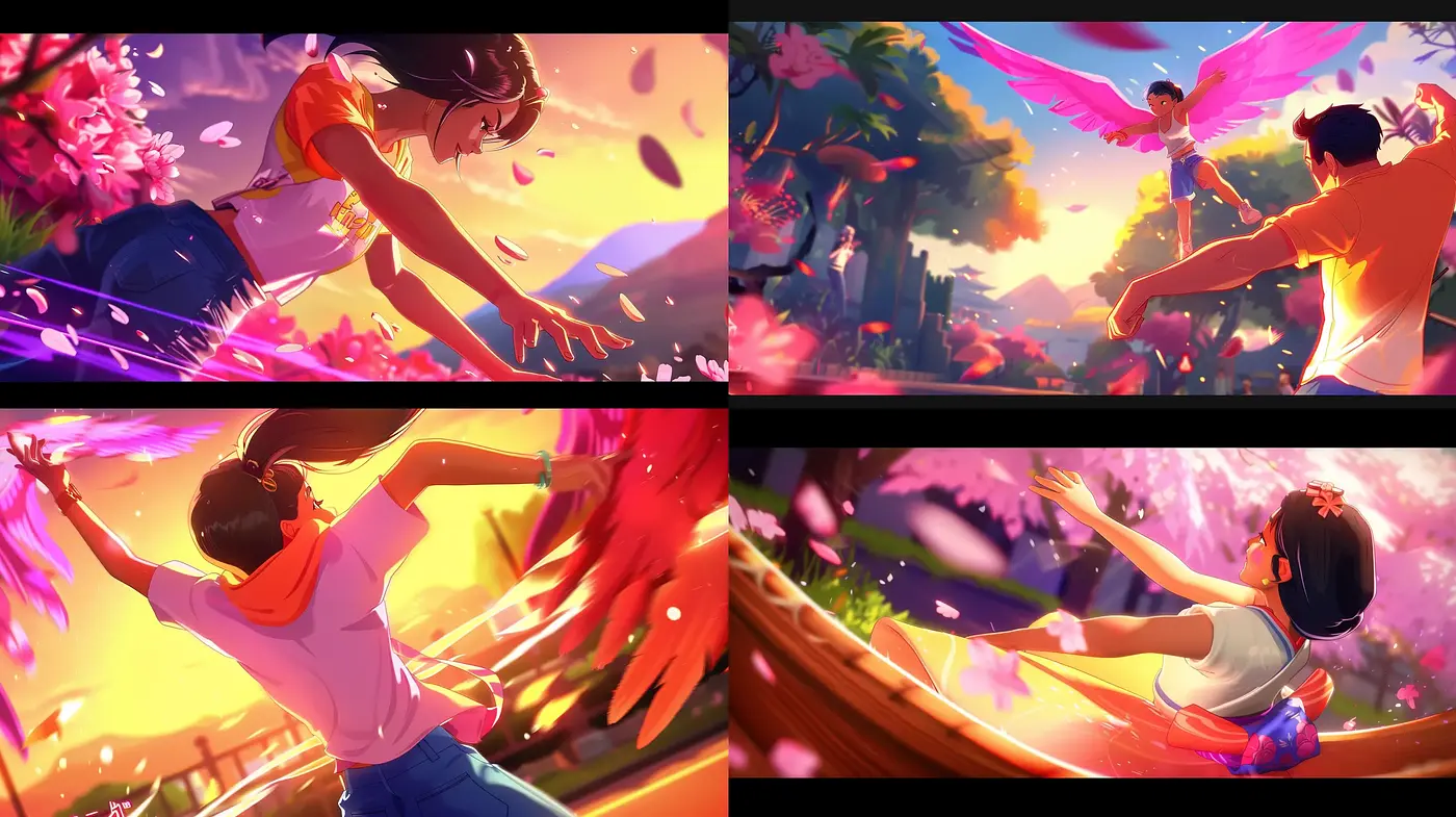 Ethereal Sunset Dreamscape with Dynamic Anime Essence - Midjourney sref style