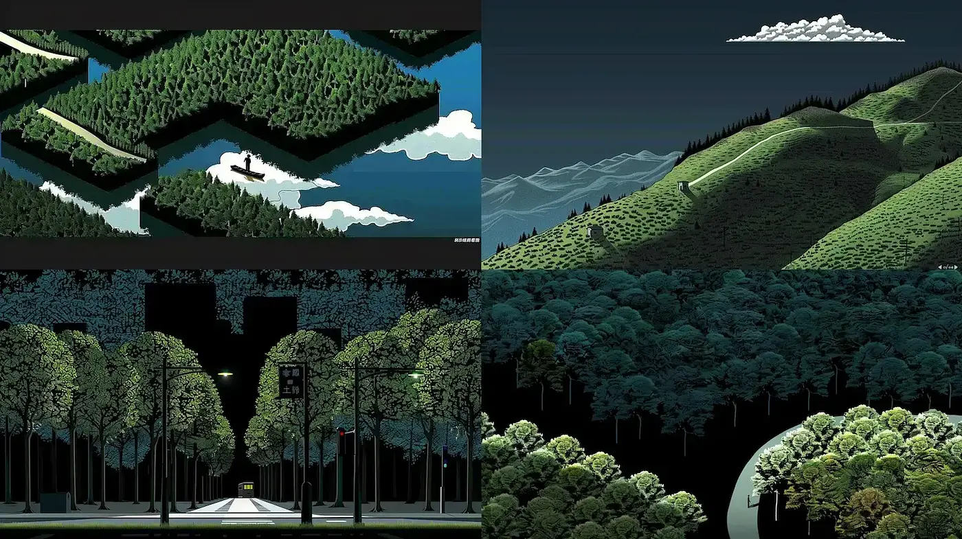Stylized representation of nature with geometric elements and depth - Midjourney sref style
