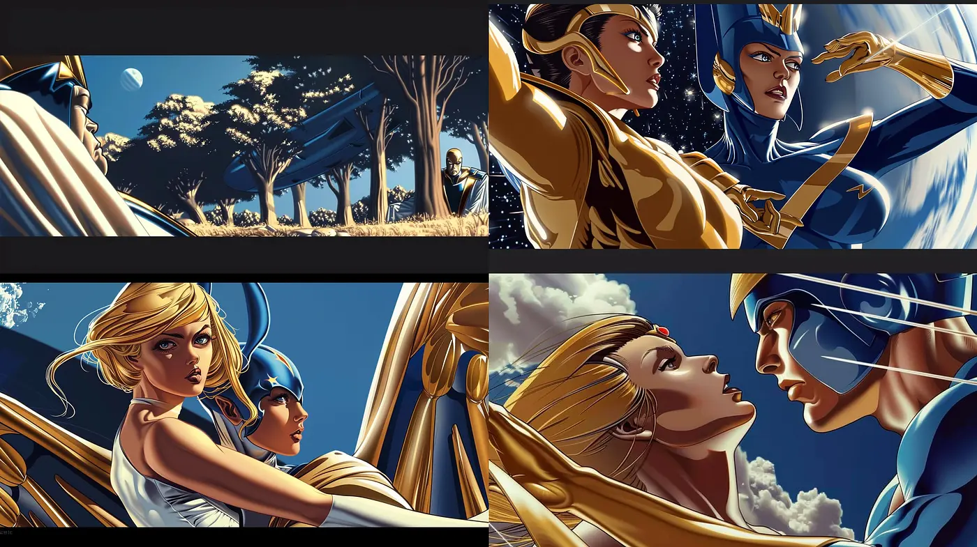 Dramatic Golden Twilight: An exploration in comic book styling and luminous evening hues - Midjourney sref style