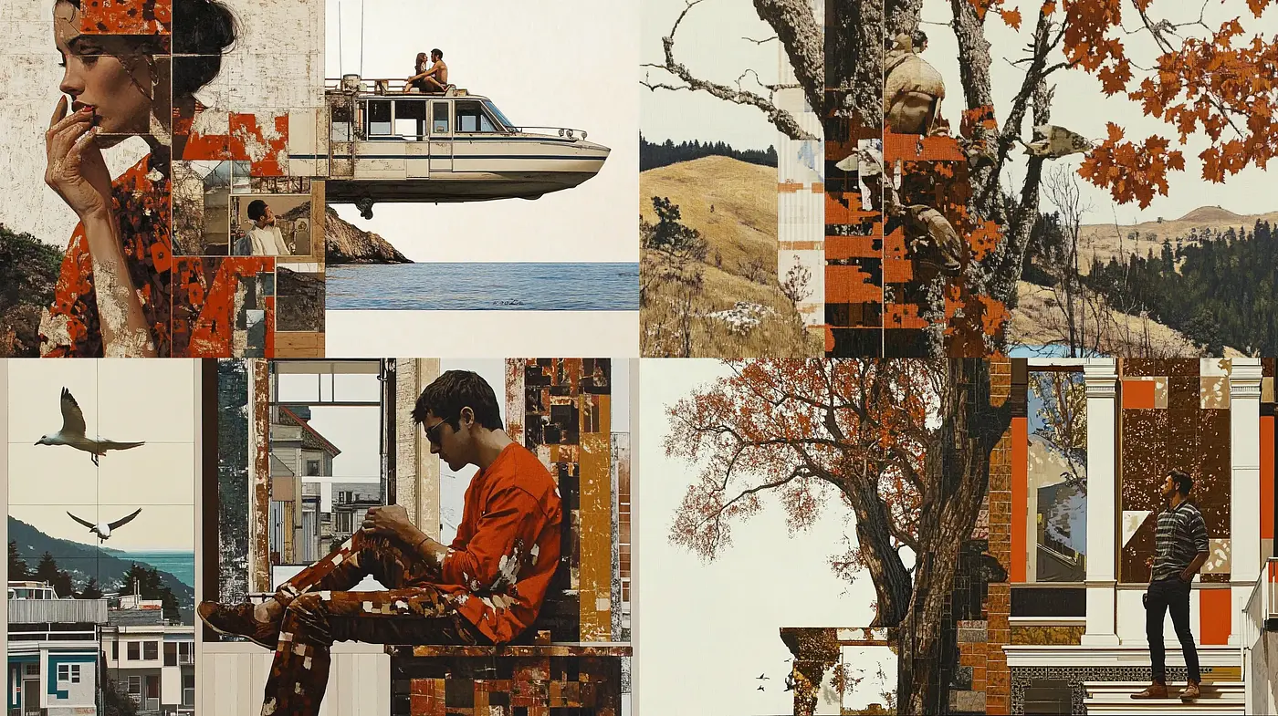 Retro Collage Narratives with Autumnal Hues and Patchwork Textures - Midjourney sref style