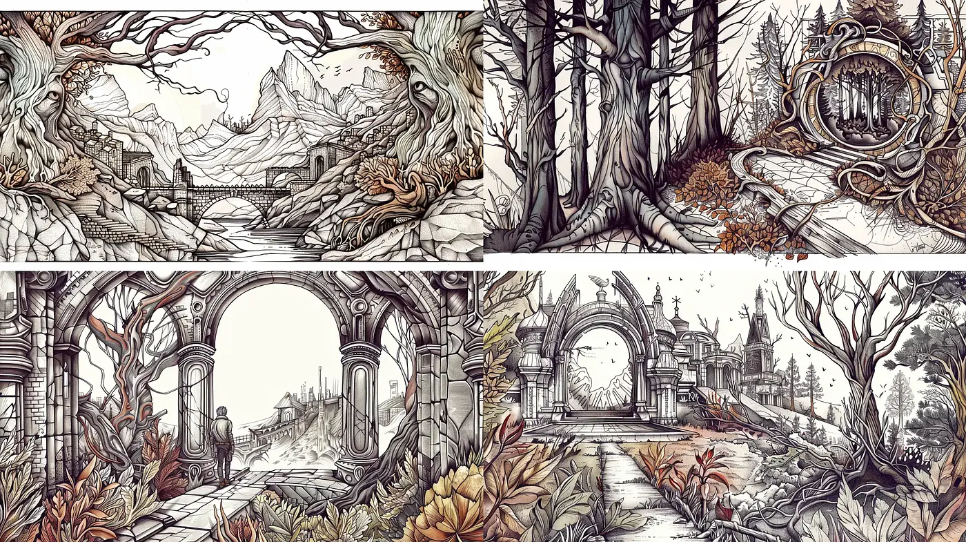 Enchanted Sepia-Toned Fantasy Landscapes with Intricate Linework - Midjourney sref style
