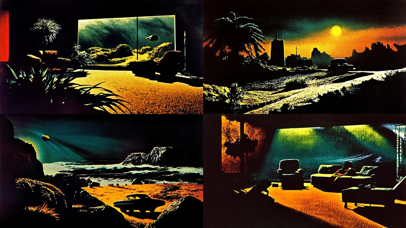 Dusk to Nightfall: A Synthesis of Surrealist Twilight Hues and Retro-Futurist Visions - Midjourney sref style