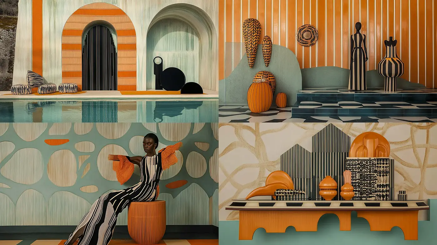 Ornate Modernist Fusion with Striped Elegance and Spherical Harmony - Midjourney sref style
