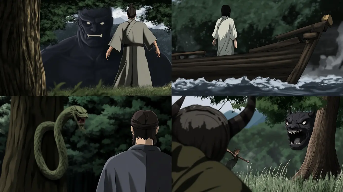 Enigmatic Encounters with Mythical Beasts in a Painterly Anime Realm - Midjourney sref style