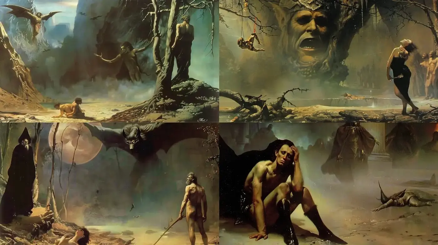 Surreal Fantasy with Dark Symbolism and Ethereal Elements - Midjourney sref style