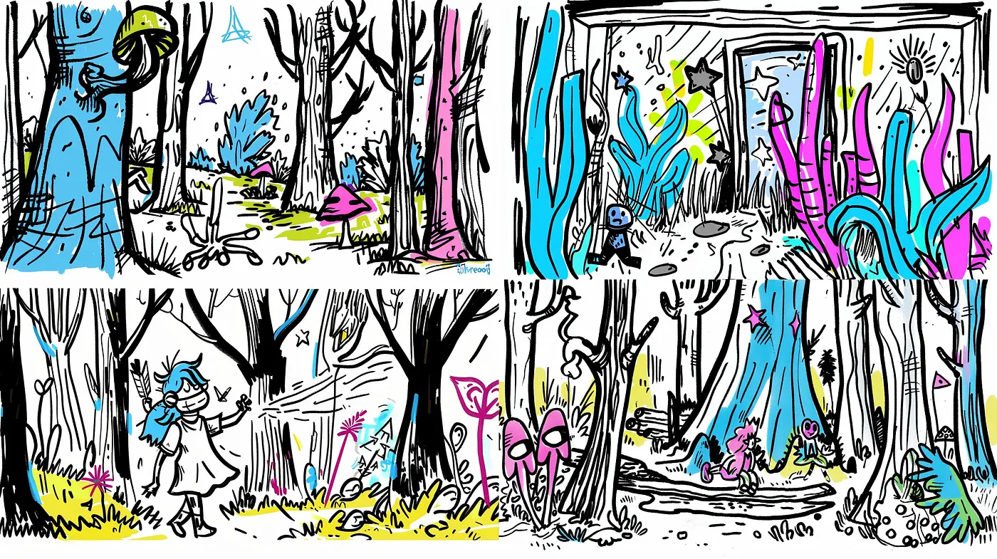 Quirky Sketchbook Forest: A Dance of Vibrant Hues and Expressive Linework - Midjourney sref style