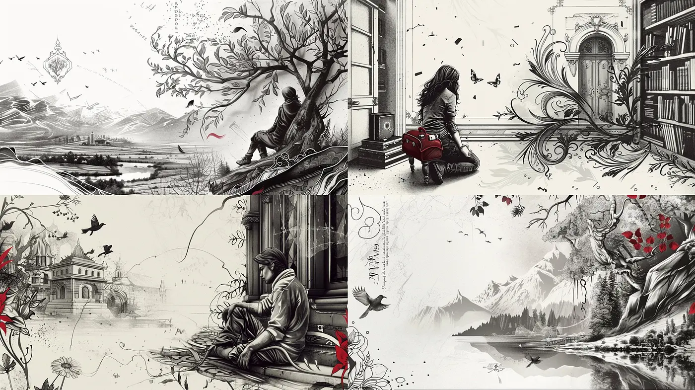 Monochromatic Muse with a Splash of Red: A Journey through Stylized Realism and Selective Coloring - Midjourney sref style