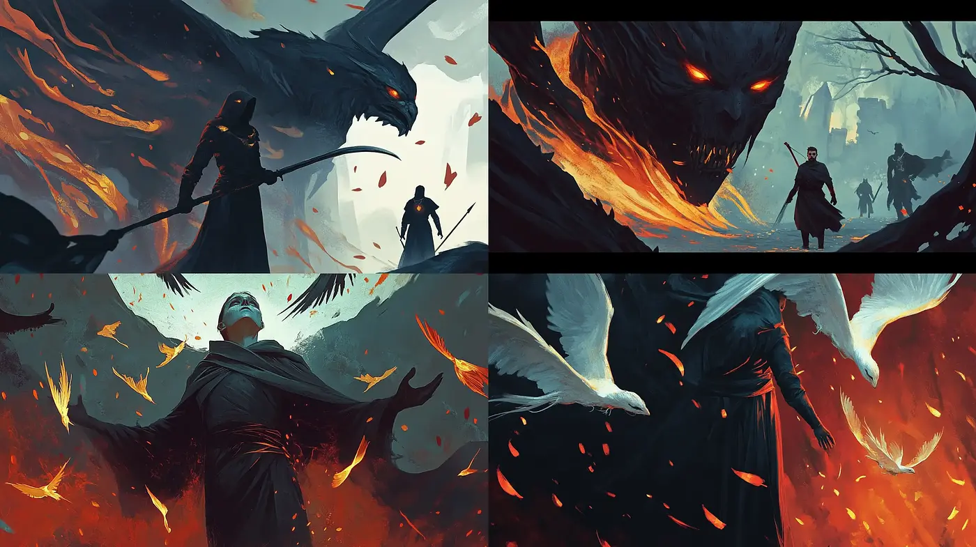 Epic Fantasy Tableaux with Dark Overtones and Vibrant Fire Accents - Midjourney sref style