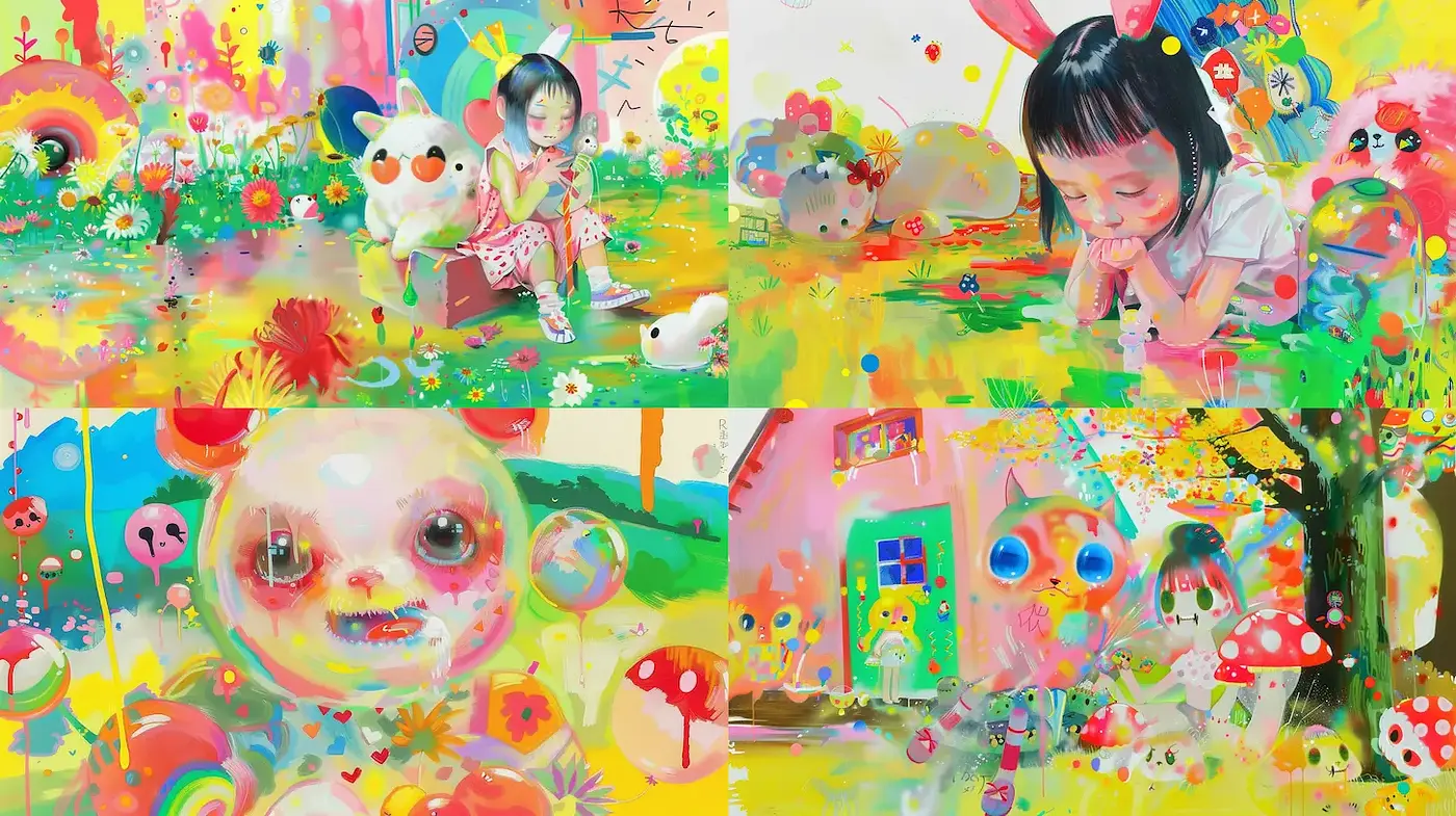 Vibrant, whimsical illustrations with haunting innocence reflecting a playful yet surreal atmosphere - Midjourney sref style