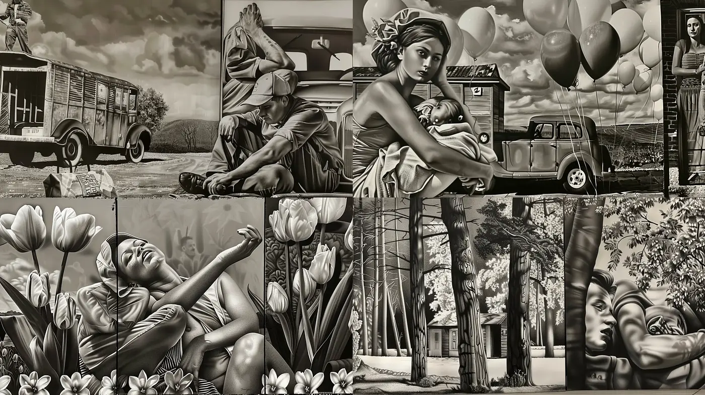 Monochromatic Elegance: A Fusion of Photorealism and Surreal Contrasts - Midjourney sref style