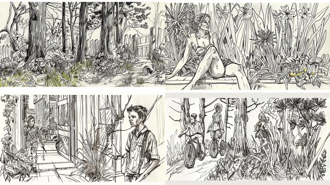 Monochrome Graphic Novel Essence in Illustrative Scenes - Midjourney sref style