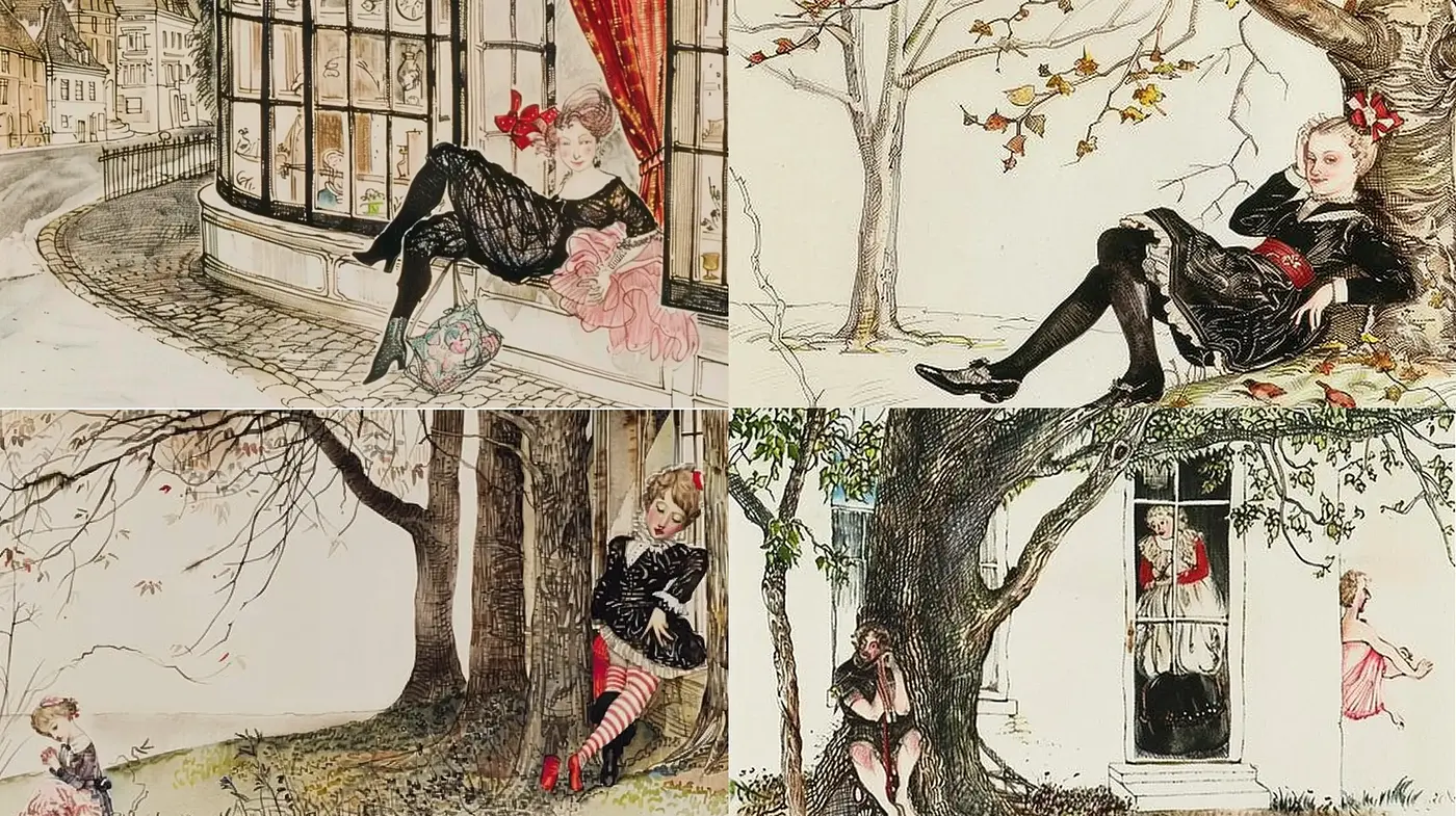 Enchanting Whimsicality in Ink and Watercolor: A Nostalgic Fusion of Nature and Elegance - Midjourney sref style