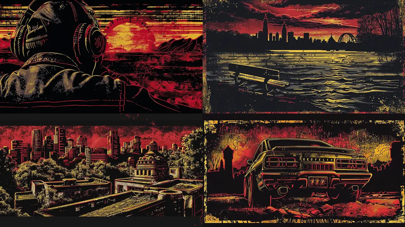 Dramatic urban scenes with retro nostalgia and vivid contrasts - Midjourney sref style