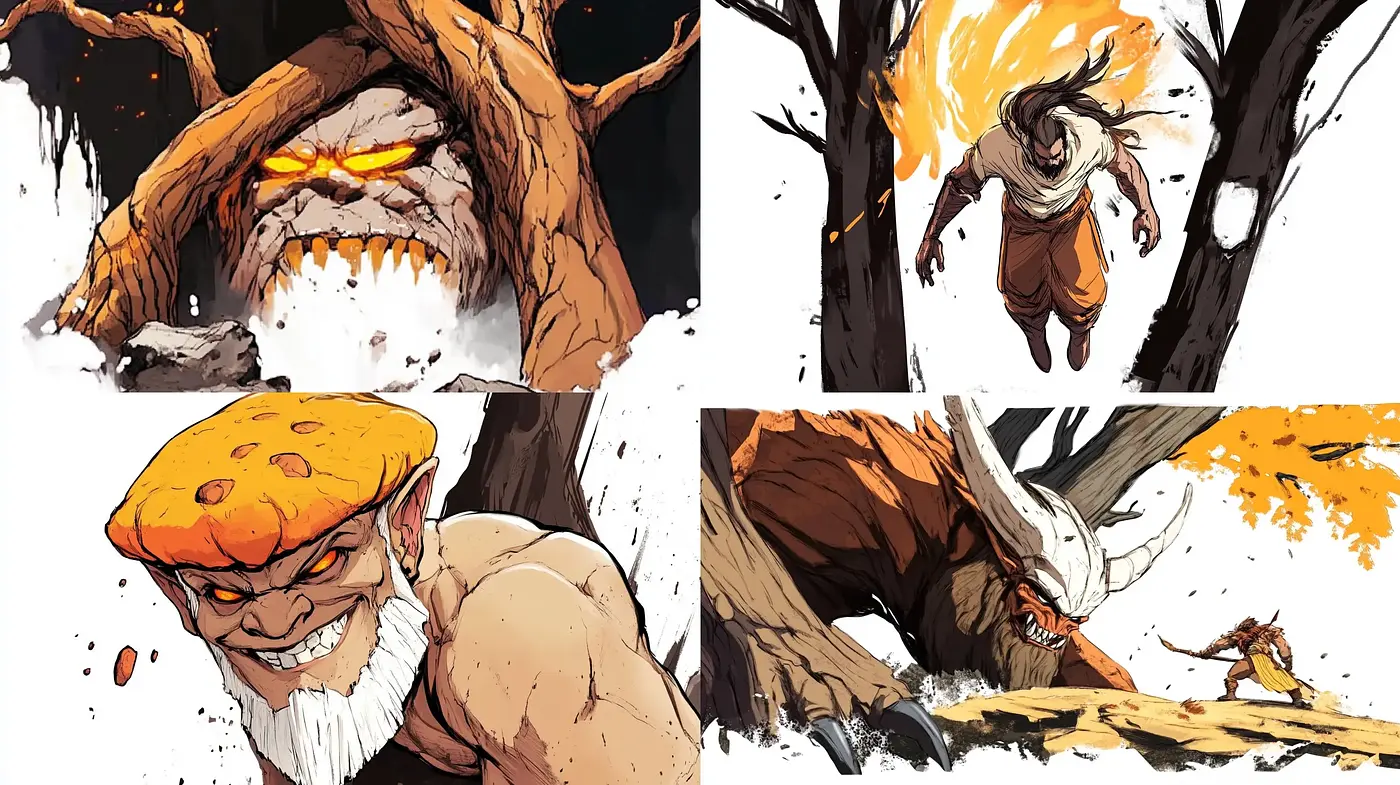 Dynamic Comic-Inspired Illustrative Style with Earthy Tones and Energetic Line Art - Midjourney sref style