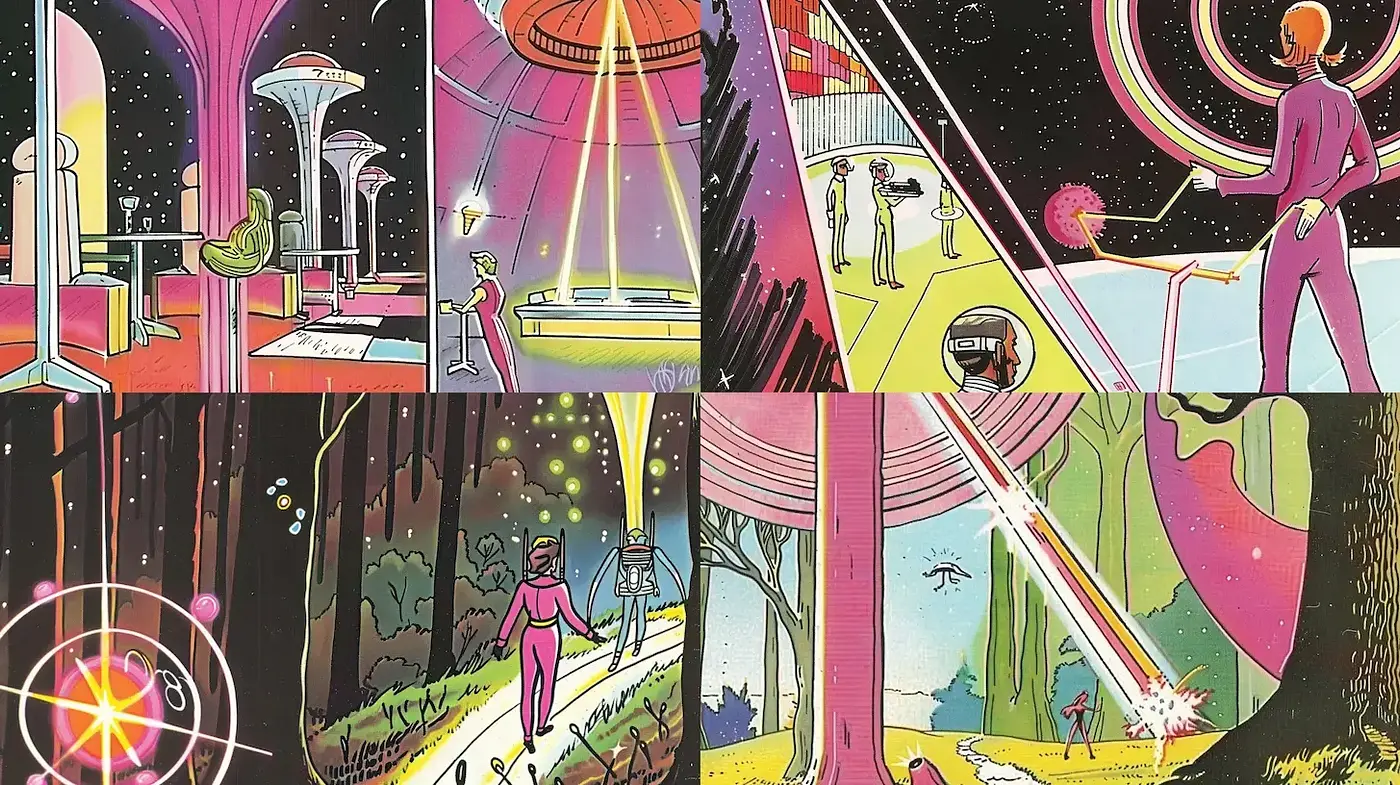 Retrofuturistic Dreamscape in Saturation Symphony - Midjourney sref style