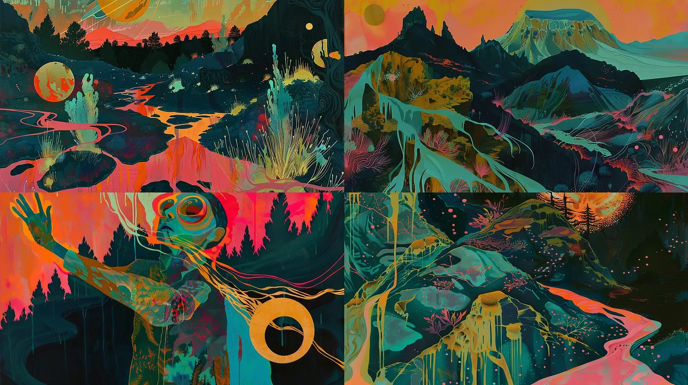 Synthetic Dreamscape Fusion of Surreal and Psychedelic Art - Midjourney sref style