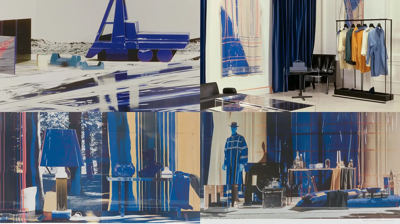 Glitched Contemporary Visions in Ultramarine and Rust - Midjourney sref style