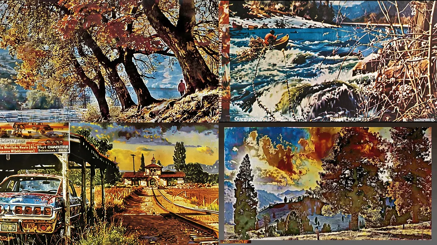 Rustic Textured Vistas: A Harmonious Blend of Vibrant Nostalgia and Painted Sceneries - Midjourney sref style