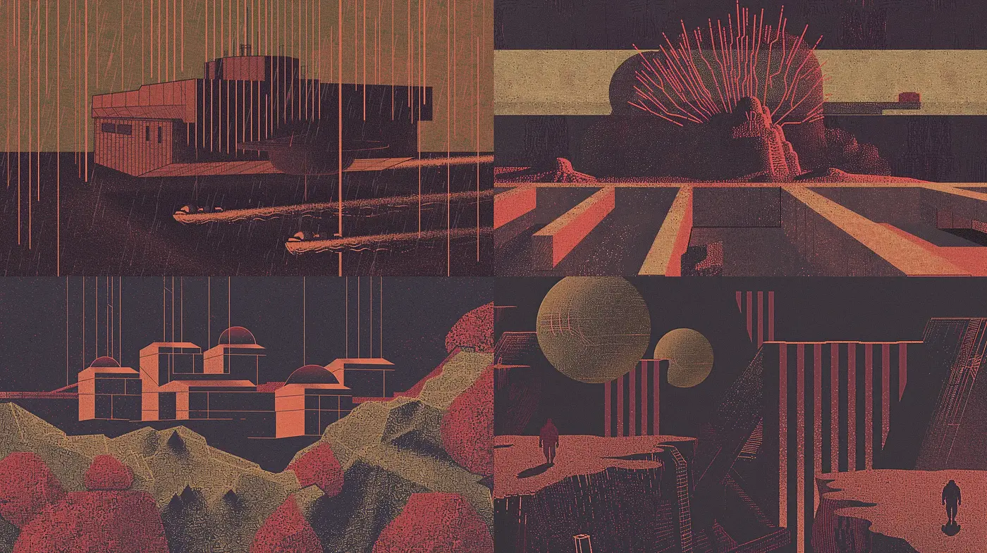 Twilight Hues and Geometric Echoes in Abstract Realms - Midjourney sref style