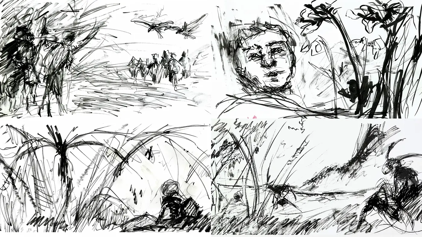 Expressive Ink Sketch Mastery with Dynamic Brushwork - Midjourney sref style