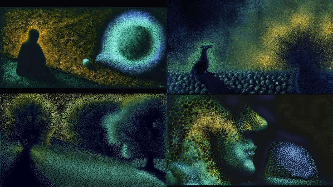 Enigmatic Pointillist Dreamscape: A Journey Through Dotted Visions and Ethereal Auras - Midjourney sref style