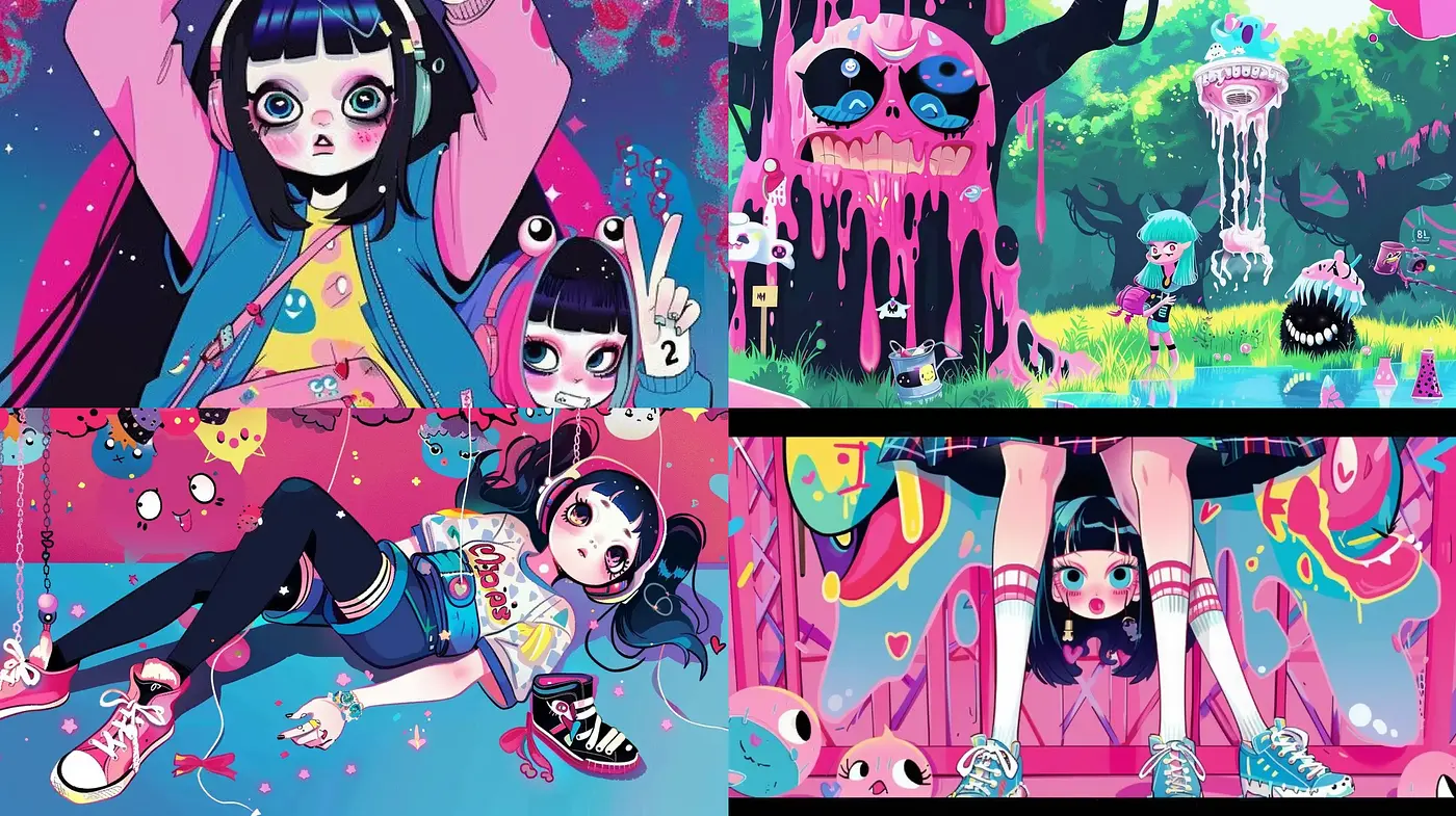 Eccentric Candy-Colored Dreamscape with Anime Influences - Midjourney sref style