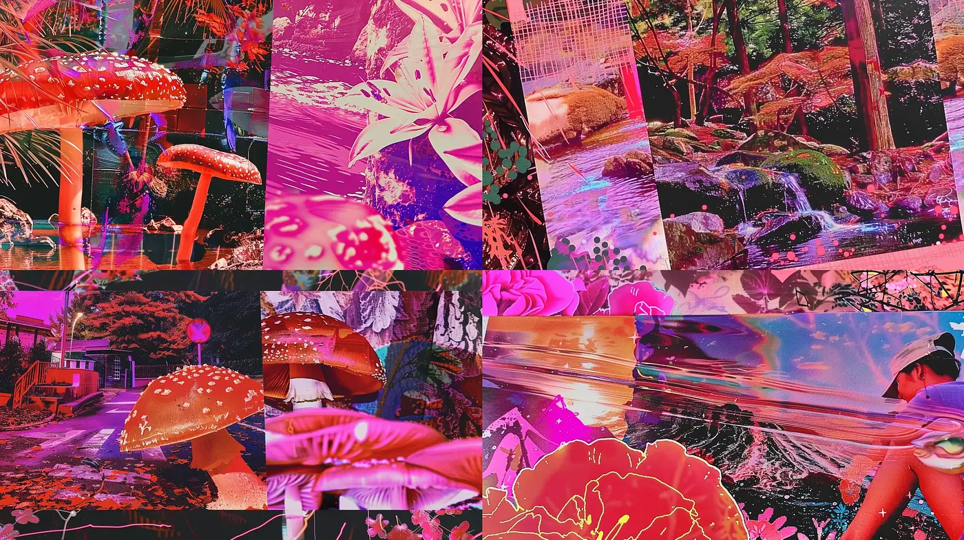 Psychedelic Dreamscape Fusion in Vivid Hues - Midjourney sref style