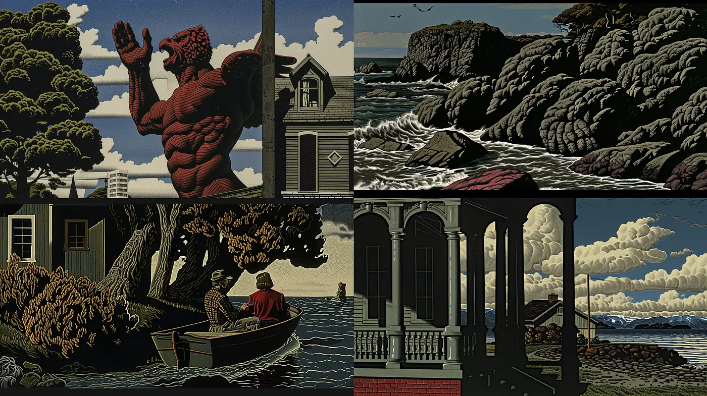 Serene Maritime Scenes with Textured Contrasts and Vintage Hues - Midjourney sref style