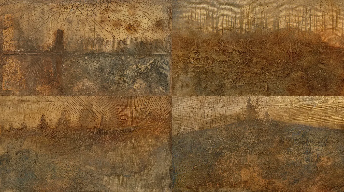 Mystic Topographies: An Exploration in Sepia Textures and Archival Aesthetics - Midjourney sref style