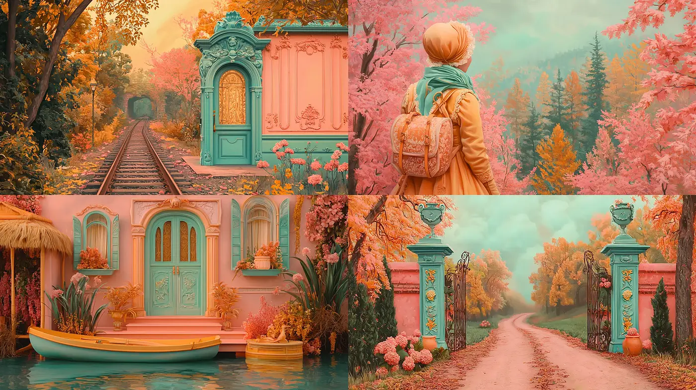 Whimsical Autumnal Dreamscape in Coral and Teal - Midjourney sref style