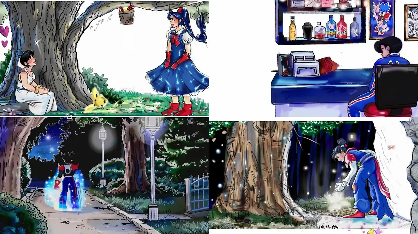 Whimsical, vibrant illustrations with a playful narrative essence - Midjourney sref style