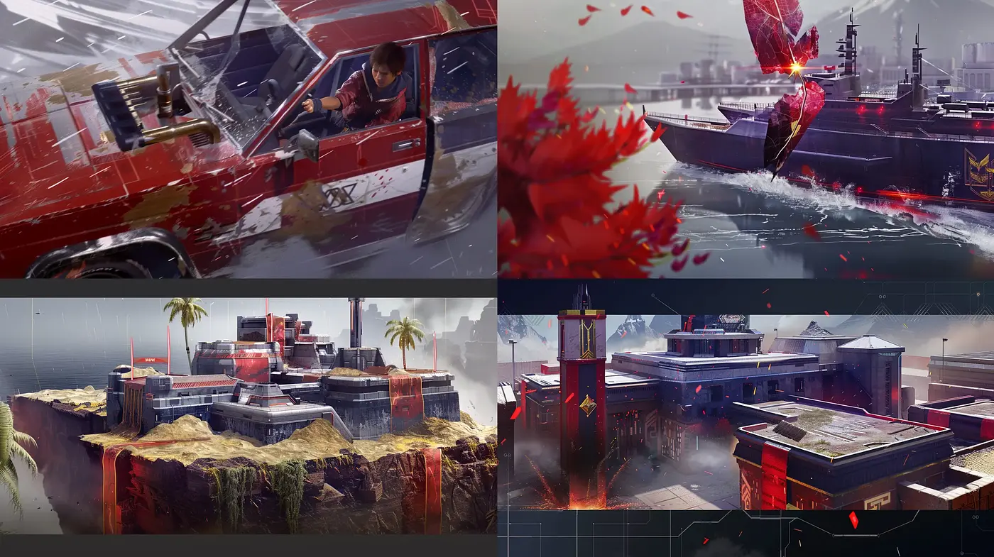 Dynamic Cinematic Concept Art Style with Consistent Red-Gray Tones - Midjourney sref style