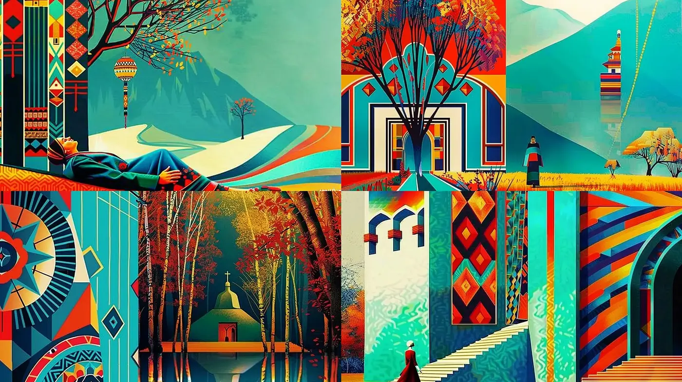 Enigmatic Geometric Elegance in Surrealist Landscapes - Midjourney sref style