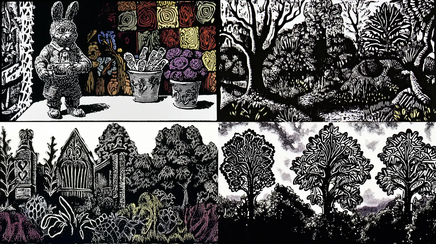 Enigmatic Woodcut Nature Series with a Monochromatic Vintage Essence - Midjourney sref style
