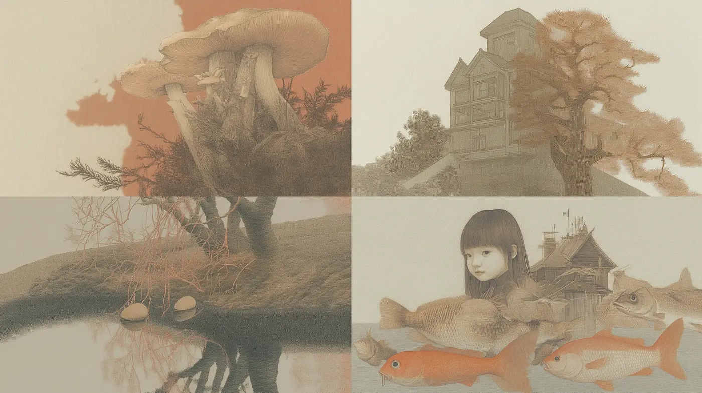 Whimsical Sepia-Toned Surrealism with Ethereal Overtones - Midjourney sref style
