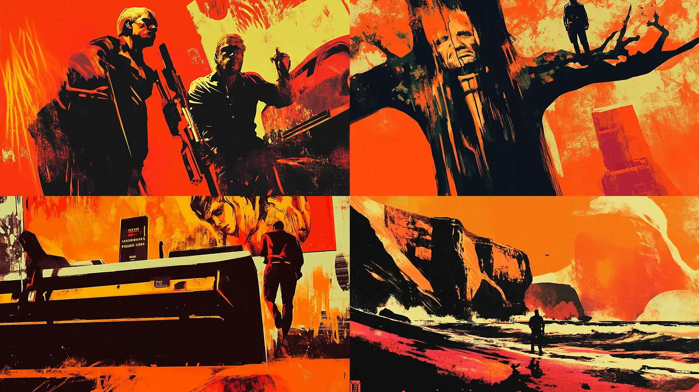 Intense Crimson Tableau with Dramatic Silhouettes and Contrasts - Midjourney sref style