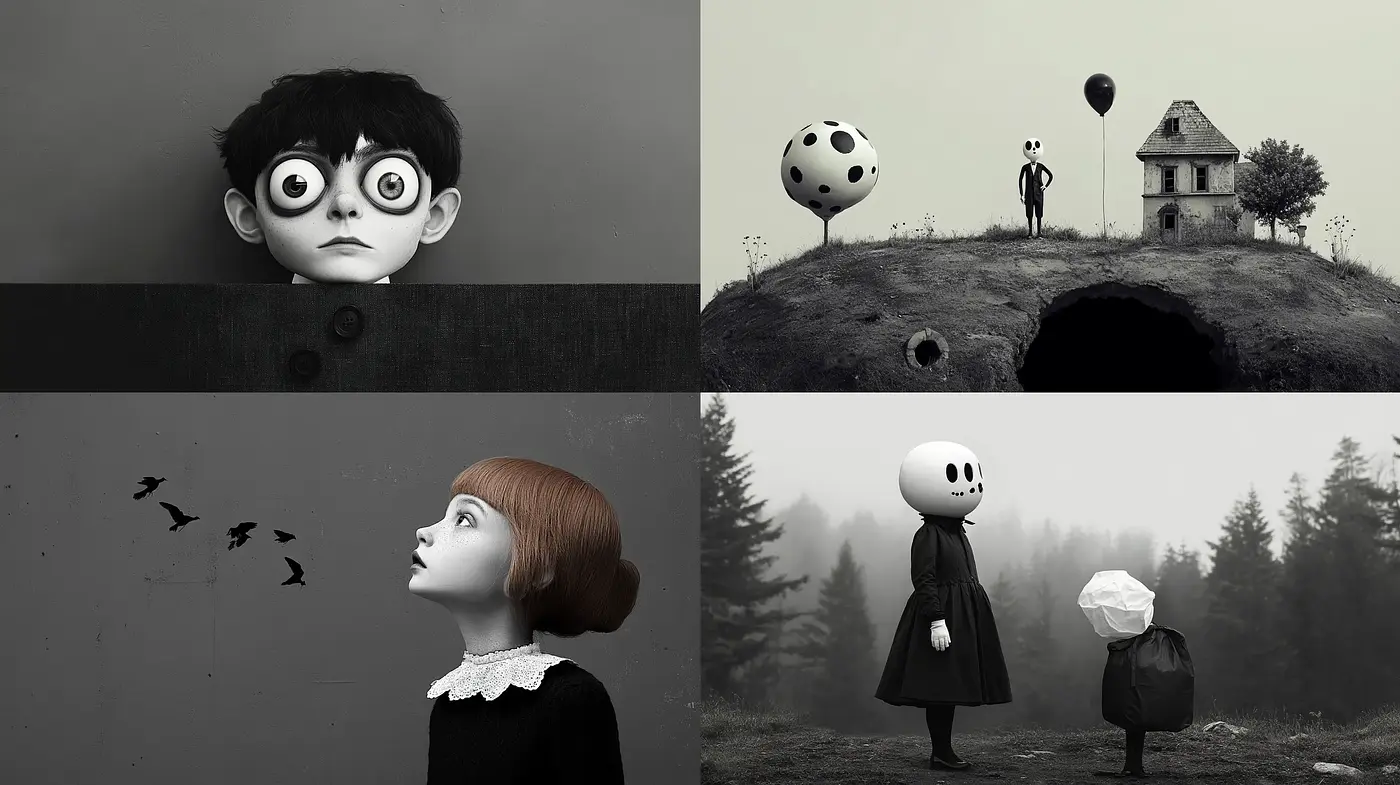 Melancholic Monochrome Dreamscape: Consistency in Desaturated Hues and Surreal Ambiance - Midjourney sref style
