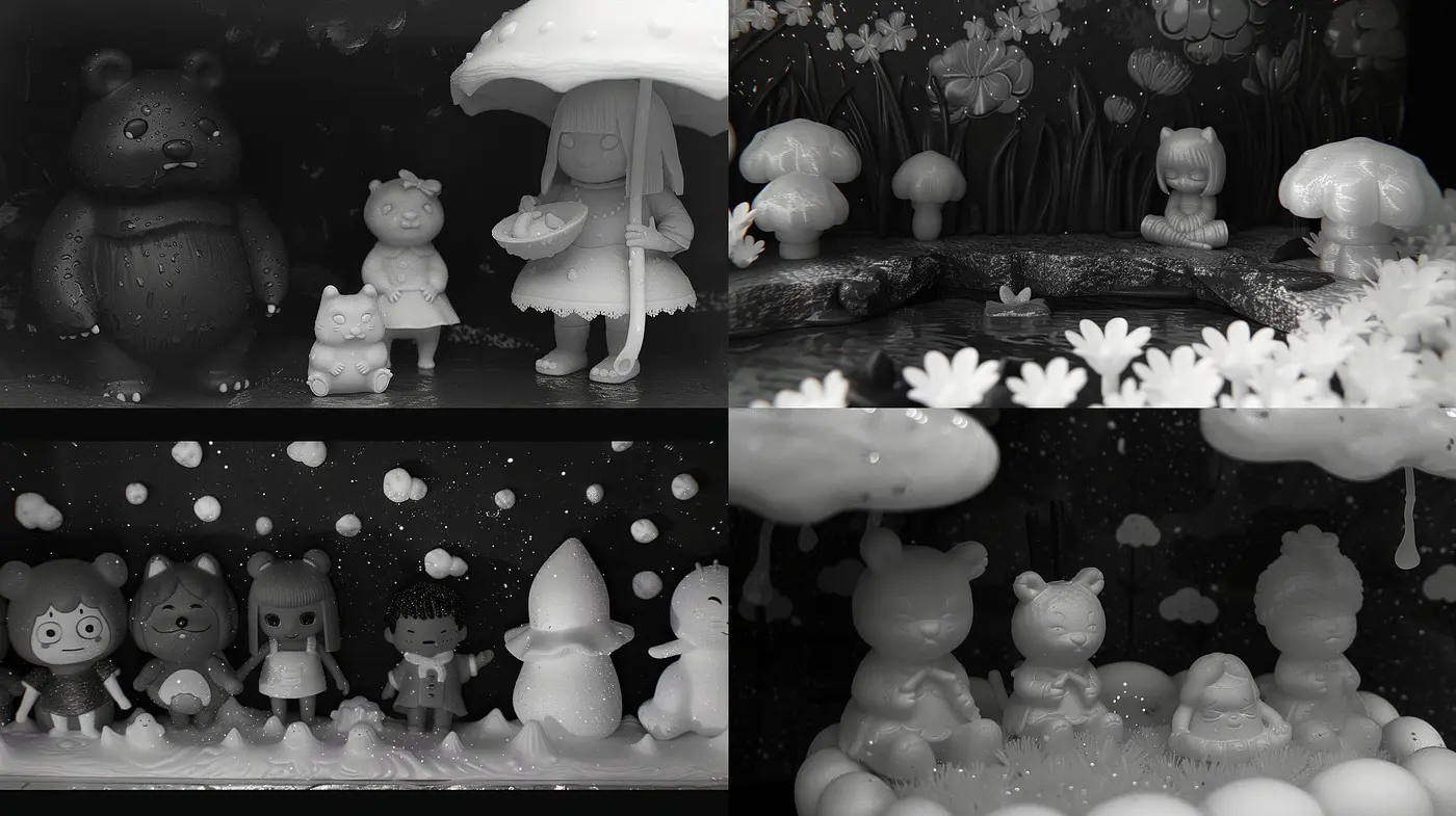 Monochromatic Dreamscape of Stylized Figures in Enigmatic Environments - Midjourney sref style