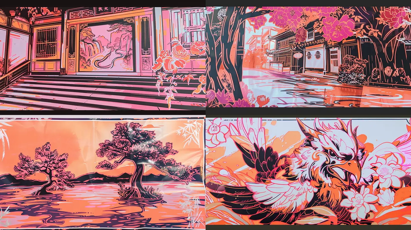 Ethereal Sunset Hues in Stylized Nature and Culture Illustrations - Midjourney sref style