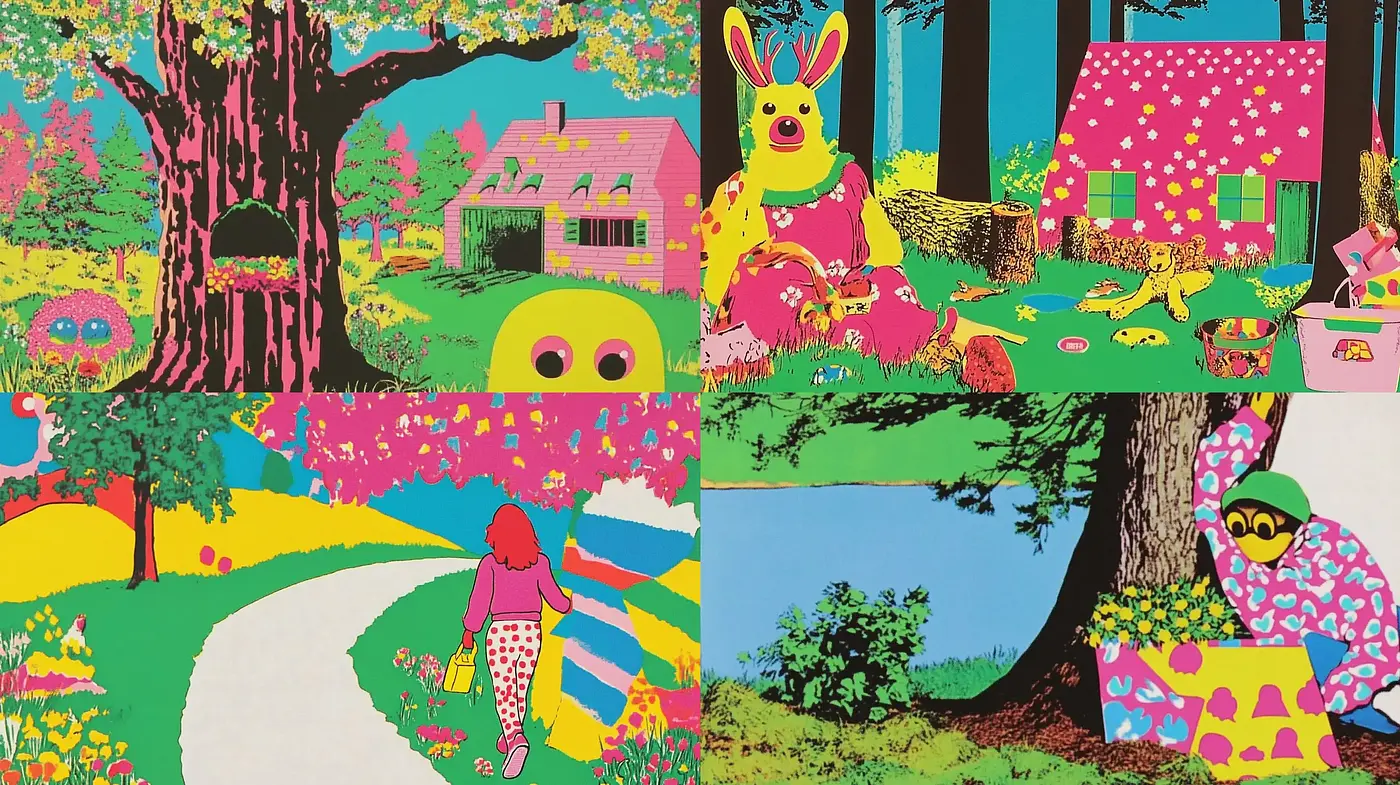 Vibrant Storybook Harmonies: A Homage to Pop Art and Children's Book Illustrations - Midjourney sref style
